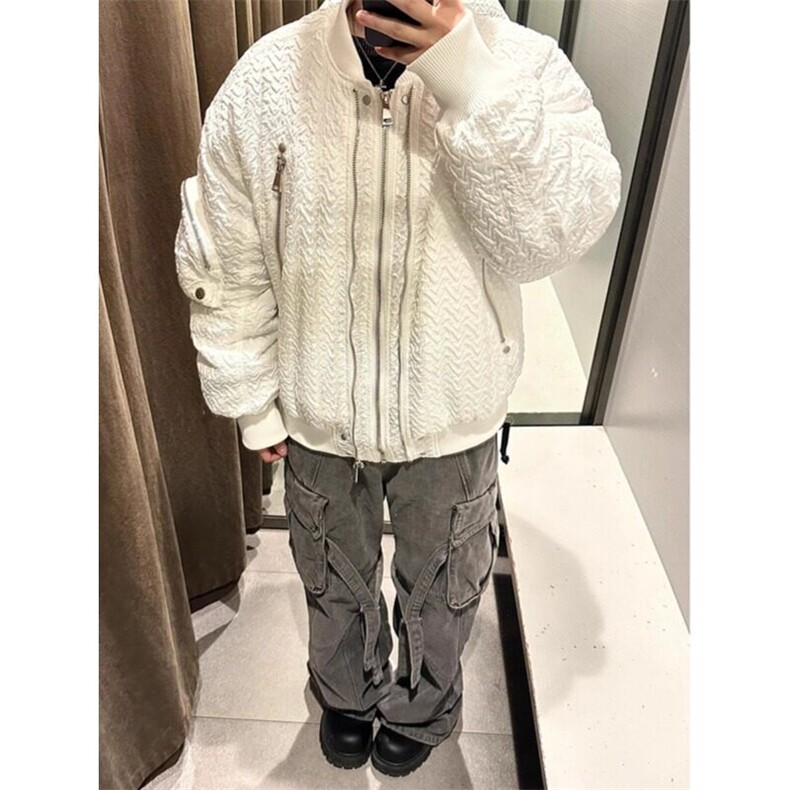 【有货】白色双拉链立领棉衣外套褶皱棒球服棉服MY5014特P103,男装棉衣,星座908-1