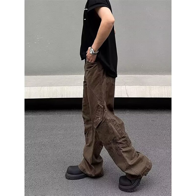 美式复古咖色多口袋工装牛仔裤女设计感宽松直筒显瘦阔腿长裤子潮,男装牛仔裤,星座302B