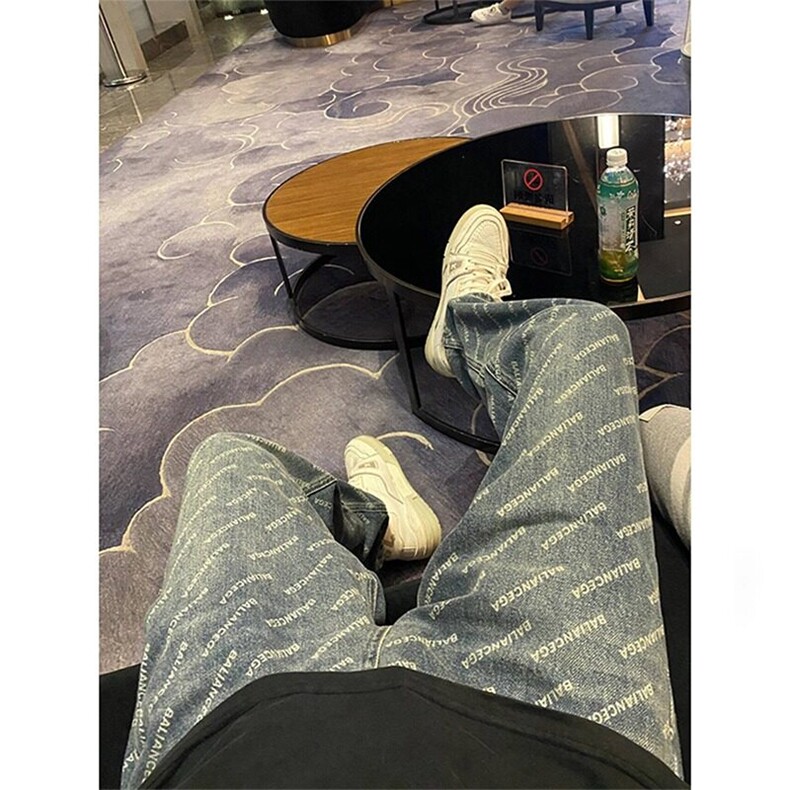 美式复古字母满印蓝色牛仔裤欧美高街hiphop裤子设计感高级长裤男，女装休闲裤，星座506A