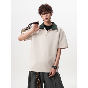 M-8XL美式复古撞色拼接polo衫半拉链短袖t恤大码宽松DX1227/特P40，男装T恤，电商B238