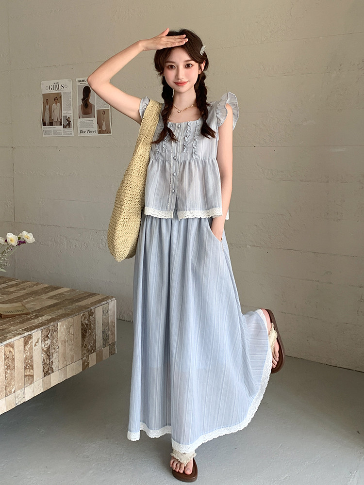 气质蓝色飞飞袖背心套装女2025夏新款温柔风蕾丝拼接半身裙两件套,女装套装/套裙,浙宝220