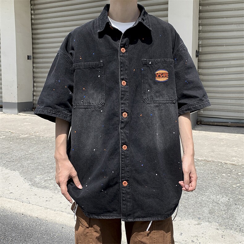 夏款男短袖牛仔衬衫水洗字母刺绣喷漆宽松五分袖衬衣CS983P55,男装衬衫,星座1013-1
