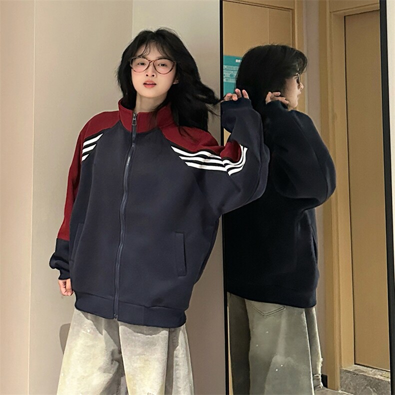 抖音得物高品质美式高街重磅结构织带拼接撞色立领卫衣外套CM41,女装短外套,电商A486-1