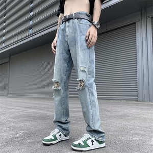 破洞牛仔裤男美式高街夏季薄款宽松潮牌ins港风直筒N6046P40