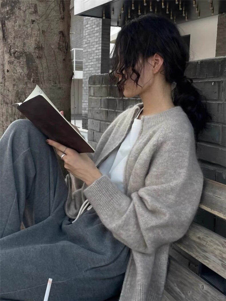 纯色圆领休闲针织拉链外套慵懒风开衫,针织衫/毛衣,思途羊绒