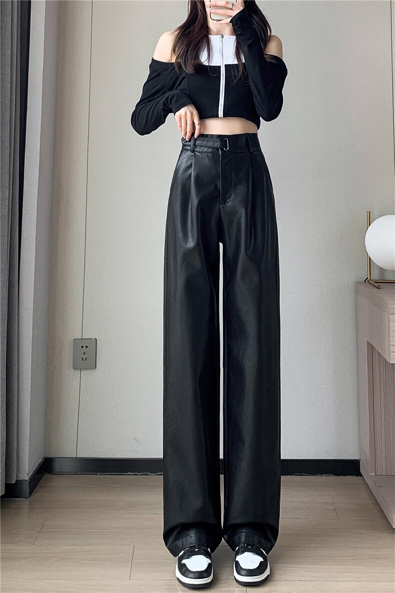 2023秋冬新款PU皮裤宽松直筒小个子高腰阔腿女裤休闲西装裤长裤,女装休闲裤,梦白服饰厂