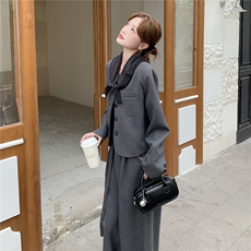 通勤穿搭灰色西服上衣套装女春秋超火好看高级小众阔腿长裤两件套，女装套装/套裙，2D035