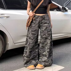 美式高街工装阔腿迷彩牛仔裤女秋冬复古高腰宽松显瘦直筒裤子春季，女装休闲裤，星座218-8