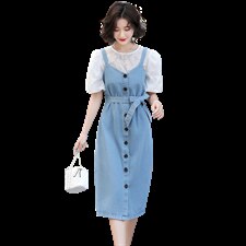 (现货）2026夏季新款泡泡袖圆领小衫+牛仔背带裙两件套(配腰带），女装套装/套裙，印象茜