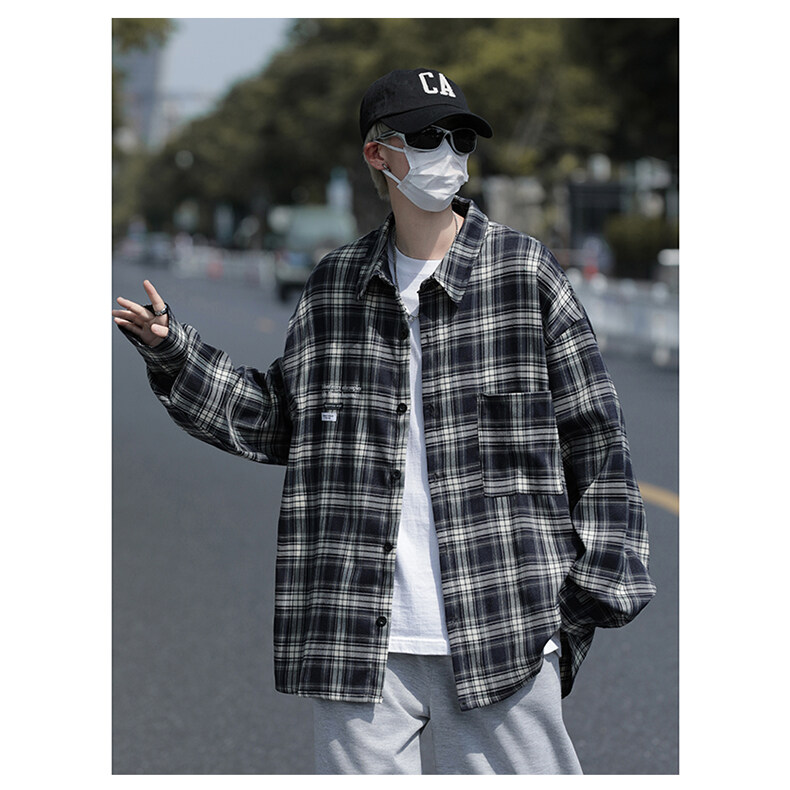 春装复古格子长袖衬衫男宽松休闲衬衣外套C505P45,男装衬衫,电商C323
