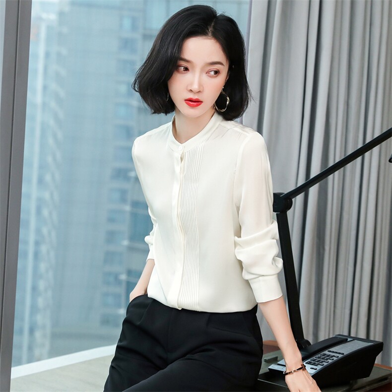 白色重磅真丝衬衫女长袖2025春装新款气质压褶职业百搭桑蚕丝上衣,女装衬衫,阿舍尔精品
