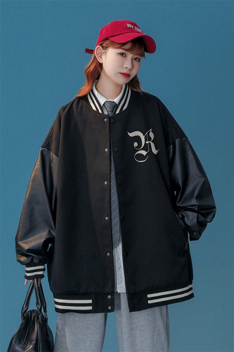 中性风22秋冬新款港风字母印花PU皮棒球服夹克外套G644P85控108,男装夹克,A247A