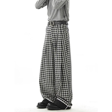 X69美式复古格子裤女新款大码胖mm显瘦宽松慵懒风阔腿拖地裤子，男装休闲裤，星座308A-1（原309B-1）
