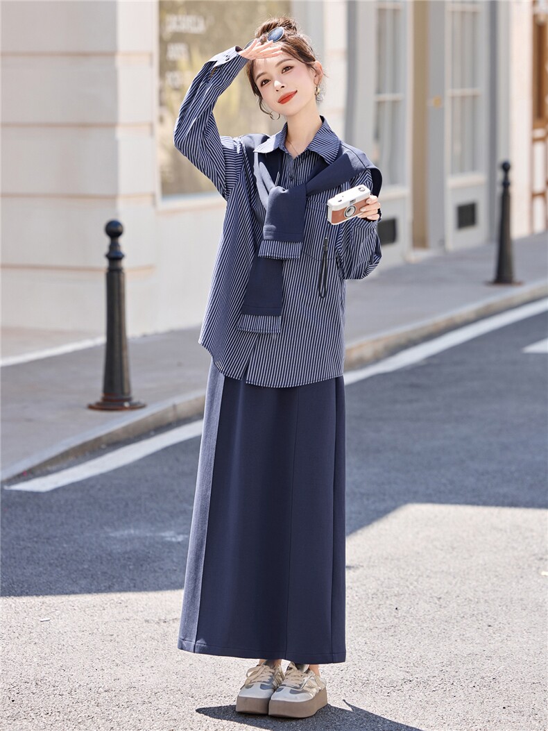 韩系气质披肩条纹衬衫套装女2025年春秋新款优雅大气半身裙三件套,女装套装/套裙,意芙