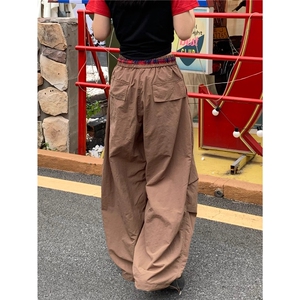 美式复古格纹撞色拼接褶皱工装裤女宽松休闲百搭拖地阔腿裤图片