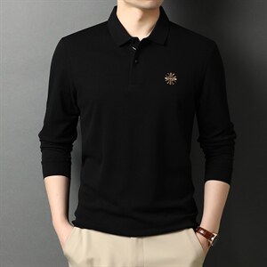 男士纯色刺绣Polo衫2023新款长袖t恤男秋季纯棉翻领中年春秋装图片