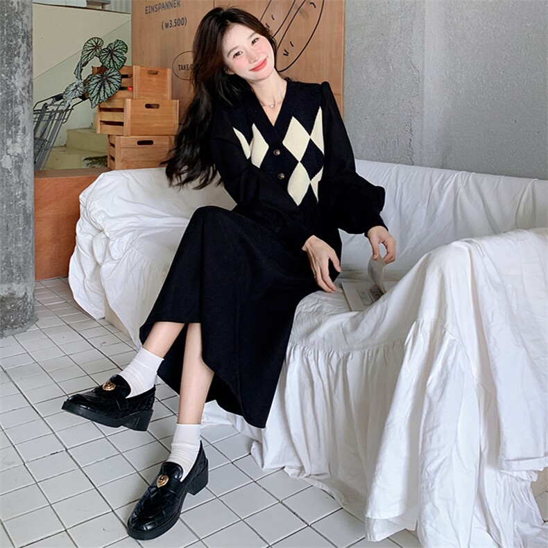 现货2D078-S9032-P125K188含毛针织拼接连衣裙假两件套,女装连衣裙,2D078