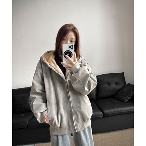 现货！冬季新款PU皮座山雕休闲复古加绒仿兔毛连帽外套 TX257-P90图片