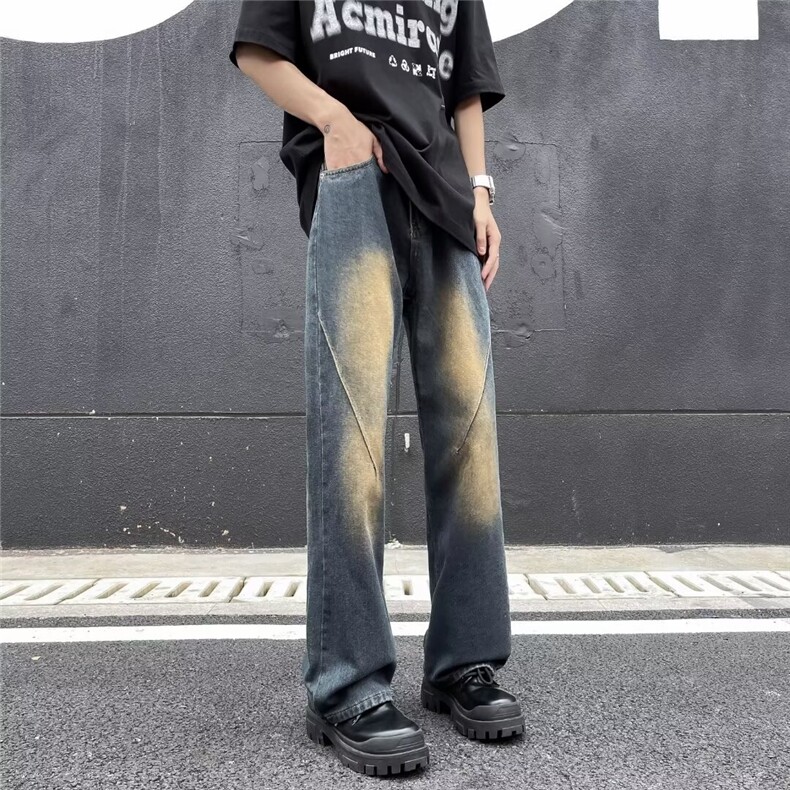 牛仔裤男夏季欧美高街复古微喇潮牌直筒宽松痞帅阔腿裤图片