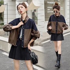 海宁皮衣牛仔拼接立领外套女2025秋新款宽松休闲百搭时尚夹克上衣，女装皮衣，潮流依族