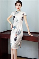 2023春夏季新款设计简约优雅大方中长款专柜品质真丝旗袍连衣裙，女装连衣裙，小荷流