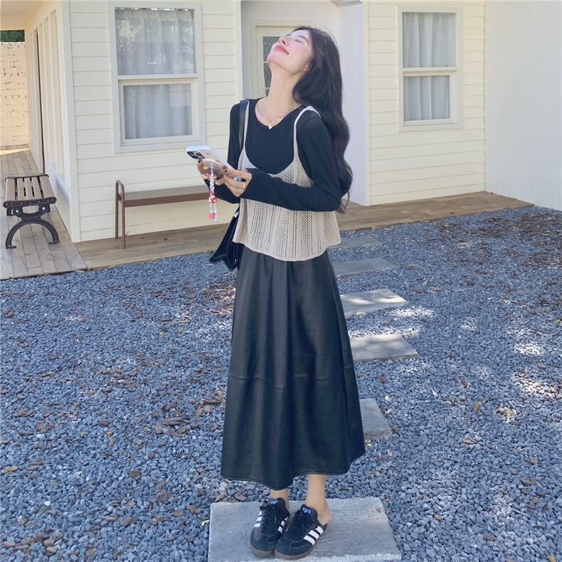 韩版时尚百搭圆领短袖T恤减龄叠穿针织背心PU皮半身裙三件套女潮,女装套装/套裙,2C166