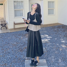 韩版时尚百搭圆领短袖T恤减龄叠穿针织背心PU皮半身裙三件套女潮，女装套装/套裙，2C166