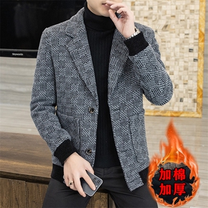 2024冬季新款男士短款西装领加棉加厚修身毛呢外套A39P155控238图片
