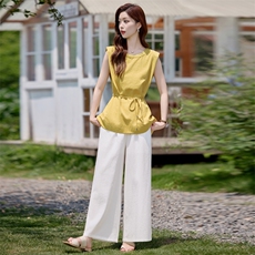 两件套套装女2025夏季新款超火棉麻减龄显瘦穿搭一整套高腰阔腿裤，女装套装/套裙，依路服饰