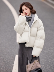 短款羽绒服女2025冬季新款时尚立领落肩袖小个子休闲白鸭绒外套，女装羽绒服，冬木谷雨