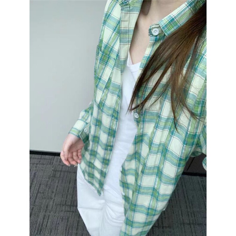 MISSMARM韩系绿色格纹显白翻领宽松衬衫女春夏格子防晒衬衣外套，男装防晒衣，星座506A