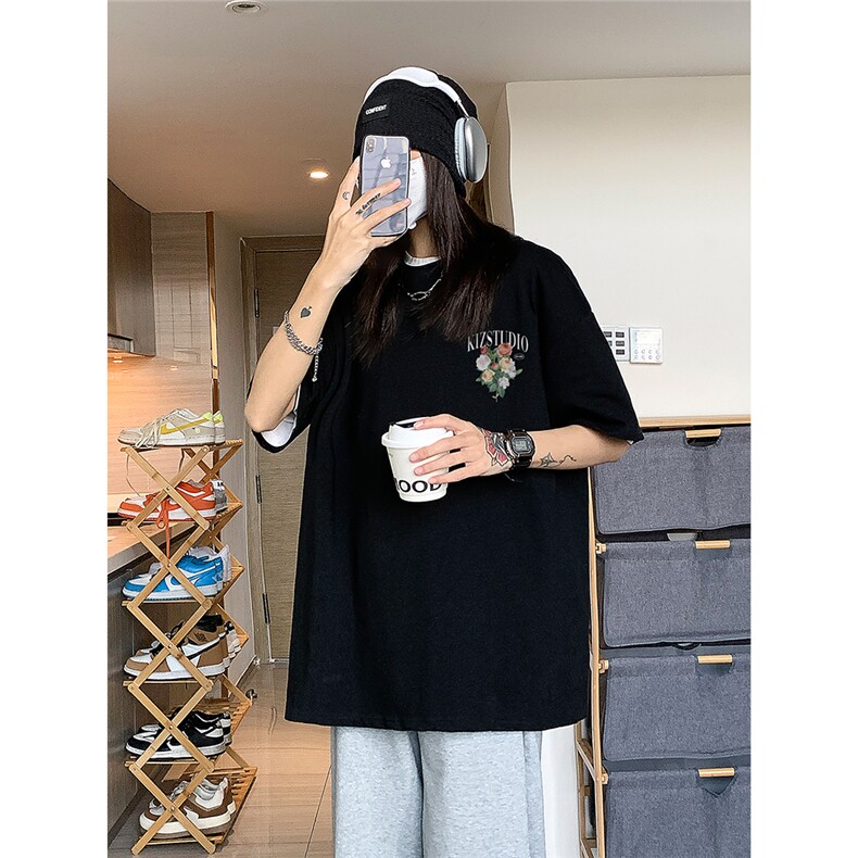 EQ245*玫瑰花印花短袖男女中性风夏季T恤港风ins潮流街头半袖,男装T恤,电商C306-1