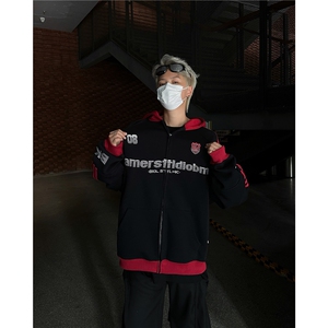 美式复古三条杠织带撞色拉链连帽卫衣男女秋季潮牌情侣开衫Y746图片