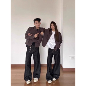 长袖2025新款春季短款开衫夹克美式复古百搭翻领纯色外套男女潮流图片