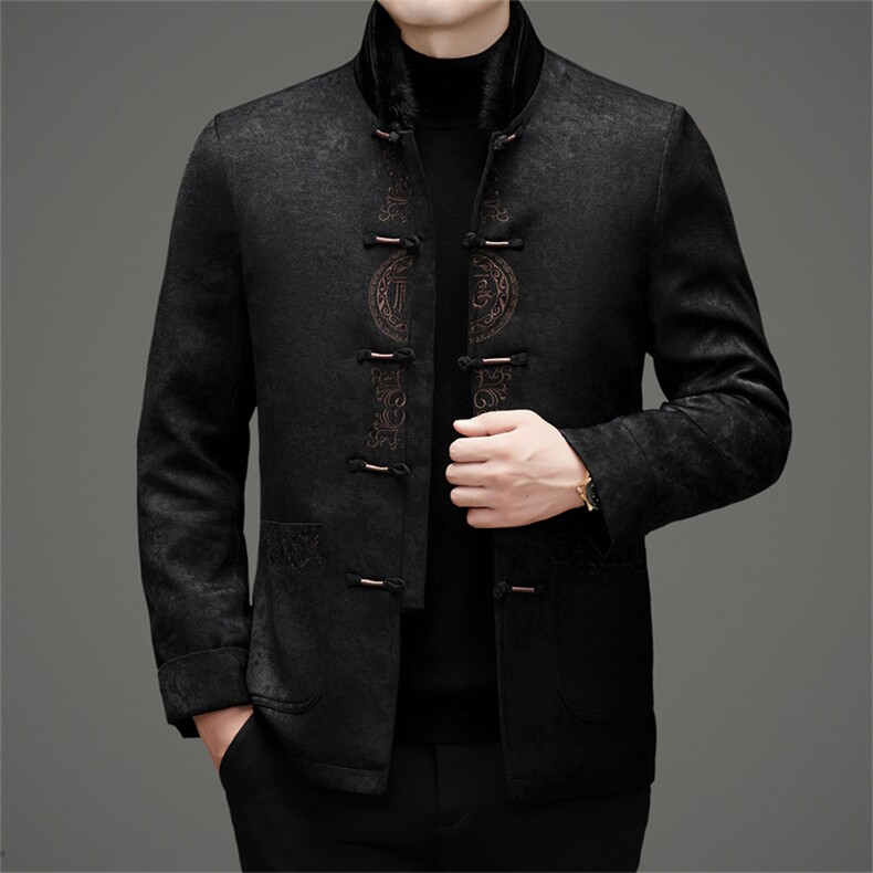 唐装羽绒服复古盘扣银狐貂内胆可脱卸中年外套爸爸装MJ595-P225图片