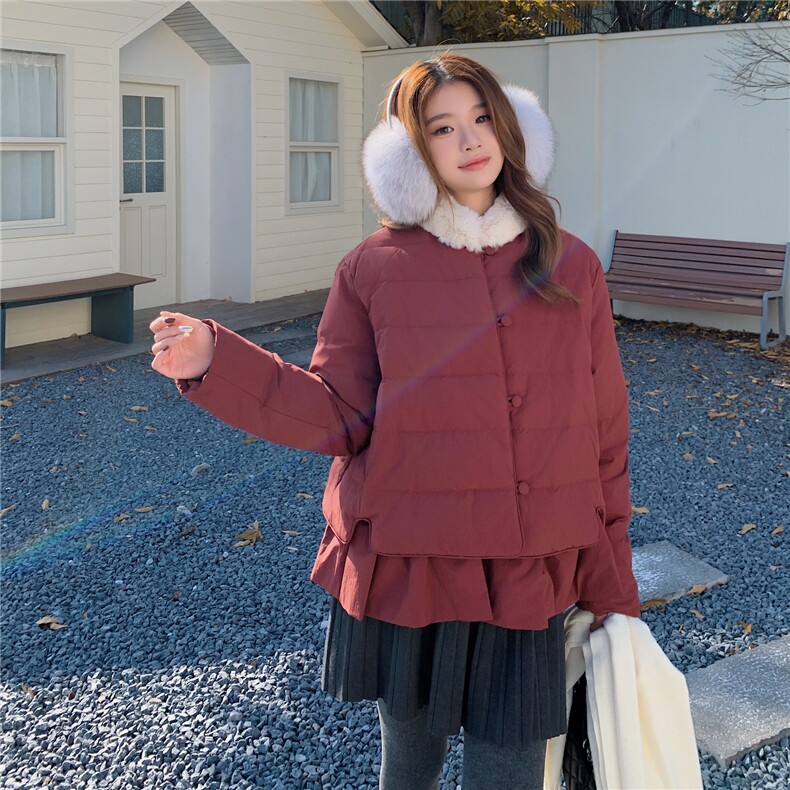 韩版短款羽绒服女2025冬季新款今年流行毛领收腰保暖外套酒红色,女装羽绒服,艾米莉亚
