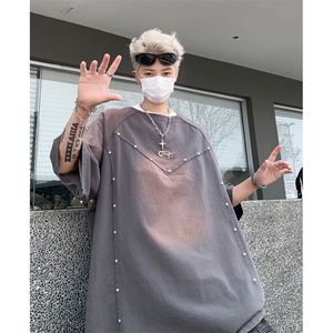 水洗做旧短袖t恤男 夏季美式复古铆钉解构上衣XZ514-2-202438-P68图片