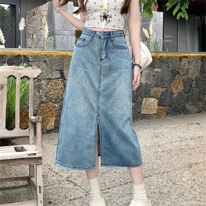 大码高腰开叉牛仔半身裙女夏季胖mm梨型身材遮胯中长款a字包臀裙图片