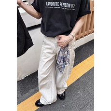 美式复古设计感格纹方巾弯刀牛仔裤新款宽松阔腿裤子LB2266-P50，男装牛仔裤，星座1008
