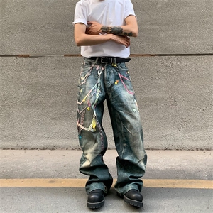 打印糖果裤链印花baggy牛仔裤男女宽松直筒阔腿裤子XX711图片