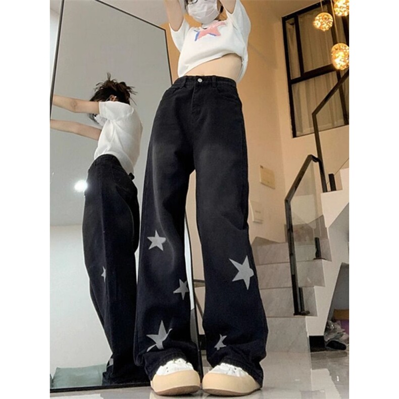 AK2487-P65冬季加绒加厚黑色星星牛仔裤百搭修身显瘦美式阔腿裤,女装休闲裤,星座617A-2