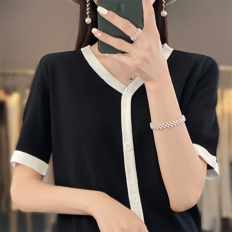 小香风V领针织短袖女春季薄款假开衫冰丝t恤2025新款宽松拼色半袖,针织衫/毛衣,思牵羊绒