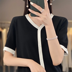 小香风V领针织短袖女春季薄款假开衫冰丝t恤2025新款宽松拼色半袖，女装针织衫/毛衣，思牵羊绒