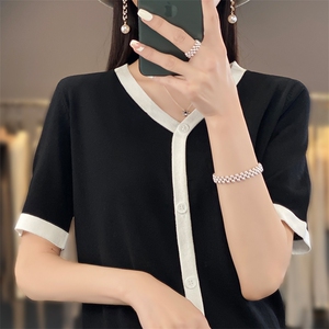 小香风V领针织短袖女春季薄款假开衫冰丝t恤2025新款宽松拼色半袖图片