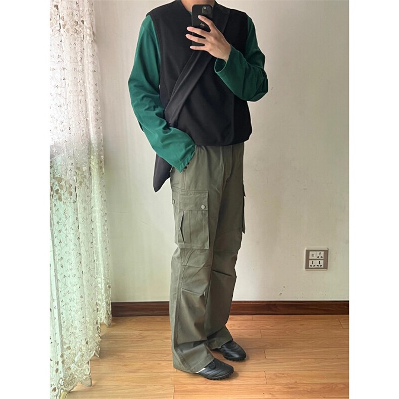 网络图美式高街大口袋褶皱微喇工装休闲裤A04-特P55,男装休闲裤,电商B369（原A024）
