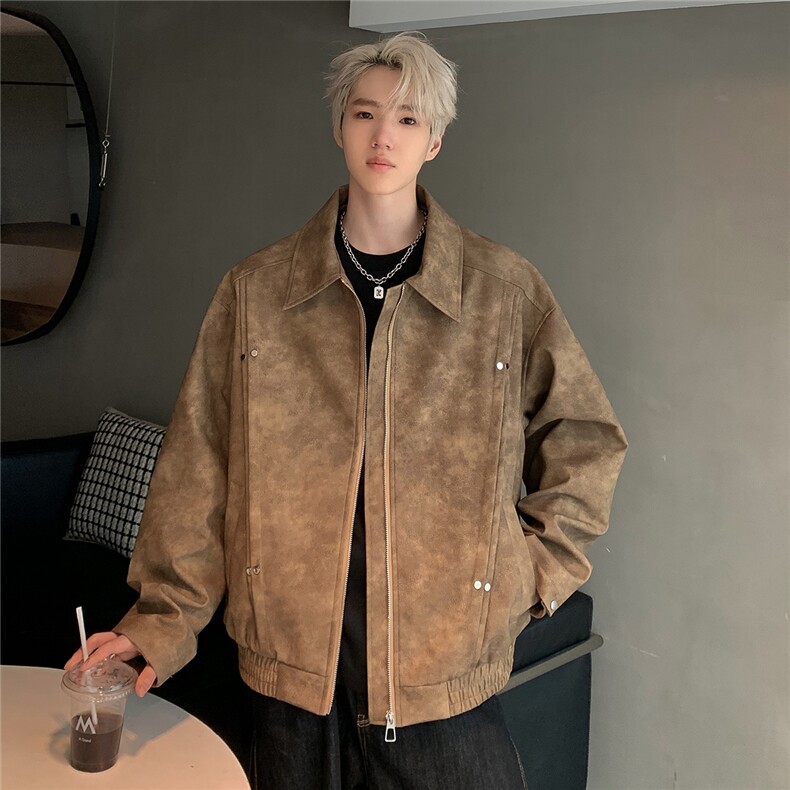 美式摩登复古感皮衣休闲翻领夹克男24秋季设计感外套JK113-P98,男装夹克,电商C307