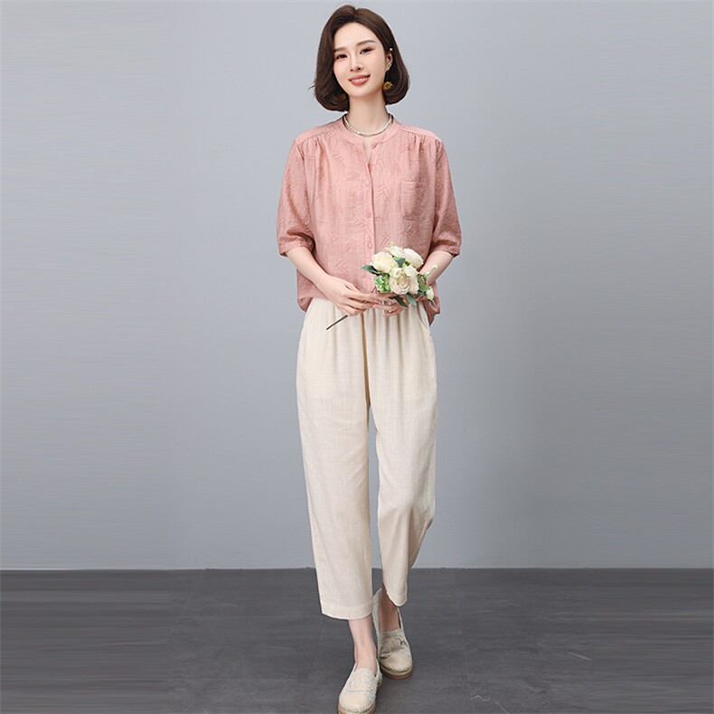 天丝衬衫套装女2025夏季新款时尚宽松中年妈妈洋气减龄亚麻两件套,女装套装/套裙,悦见她