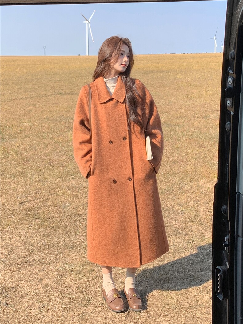 韩系高级感橘色双面毛呢大衣女2025冬新款小个子宽松气质保暖外套,女装双面呢大衣,艾米莉亚