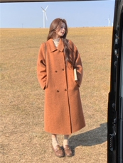 韩系高级感橘色双面毛呢大衣女2025冬新款小个子宽松气质保暖外套，女装双面呢大衣，艾米莉亚