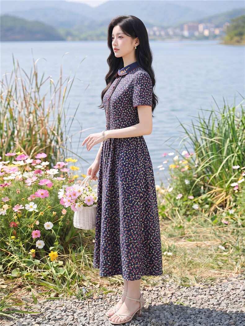 田园风碎花刺绣连衣裙女春夏收腰显瘦中长裙,女装连衣裙,水衣源